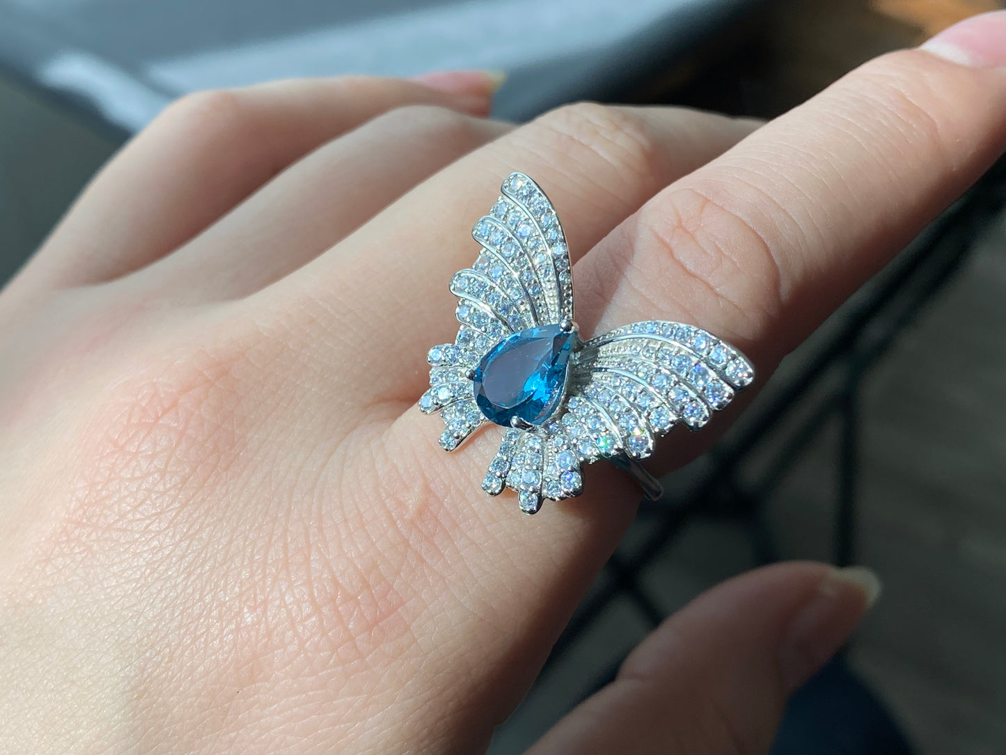 Natural  London Royal Blue tea drop Topaz with Zircon Butterfly Queen Adjustable Ring,Bridesmaid Gifts,gift for her,Birthday Aniversary gift