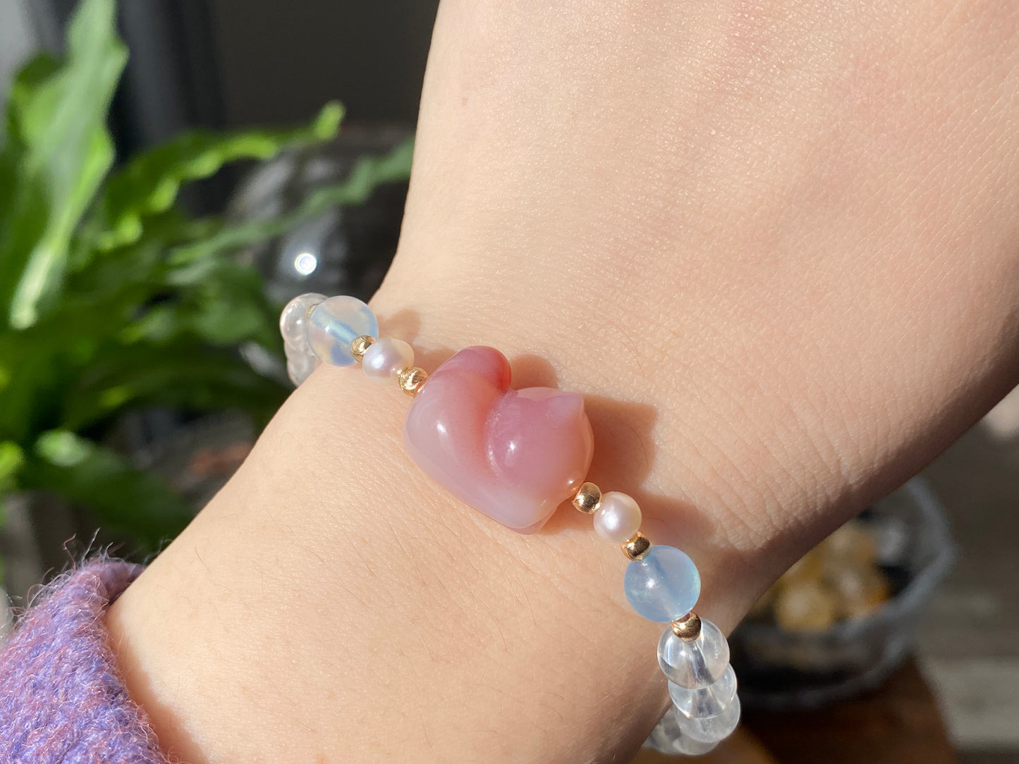 Natural Yanyuan Agate Cute Cat,white Crystal,Aquamarine,fresh Water Pearl Bracelet, gift for her, Valentine's Day Gift