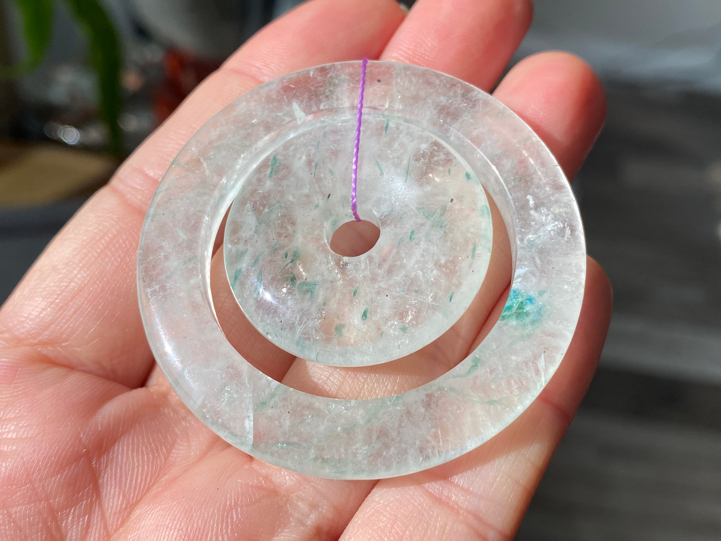 Natural Rare Green Mica Quartz Crystal Double Donut Circle Ring Pendant