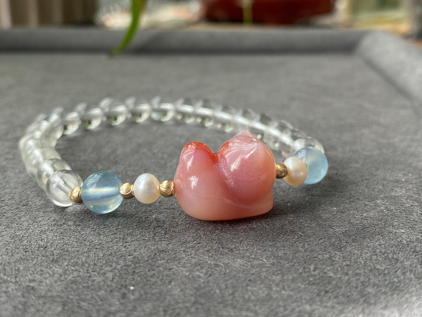 Natural Yanyuan Agate Cute Cat,white Crystal,Aquamarine,fresh Water Pearl Bracelet, gift for her, Valentine's Day Gift