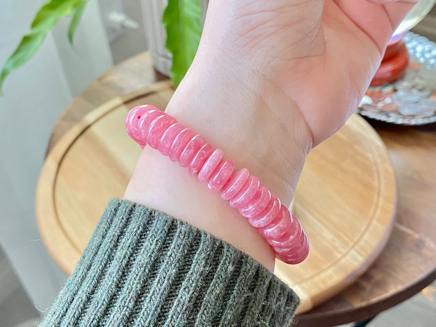 AAAAAA Natural Ice Rhodochrosite Flash Rainbow inside lovely Pinky Rose Saucer Bead Bracelet