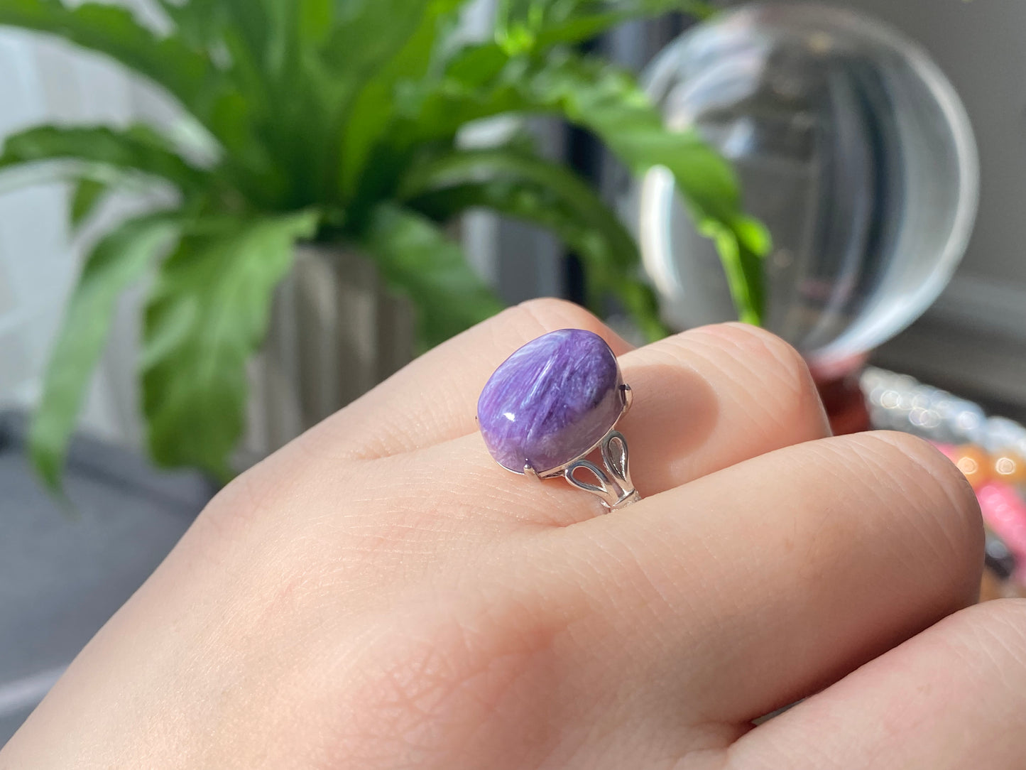 AAAAA Grade Purple Charoite,Flash Silky Fire Oval Shape Sterling Silver S925 Ring Prong setting Adjustable Ring