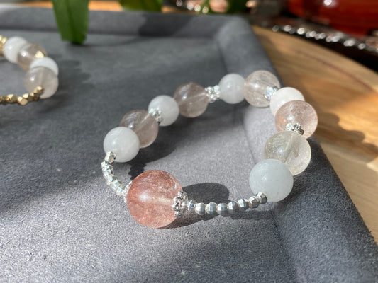 Rare High Grade Natural White Pink Rabbit hair Rutilated Quartz Crystal Designing Bead Bracelet, gift for her, gift idea