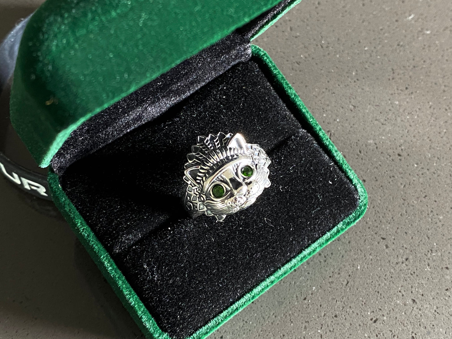 Natural Green Emerald Sterling Silver American Indian Lion Head Adjustable Ring,gift for her, gift for him