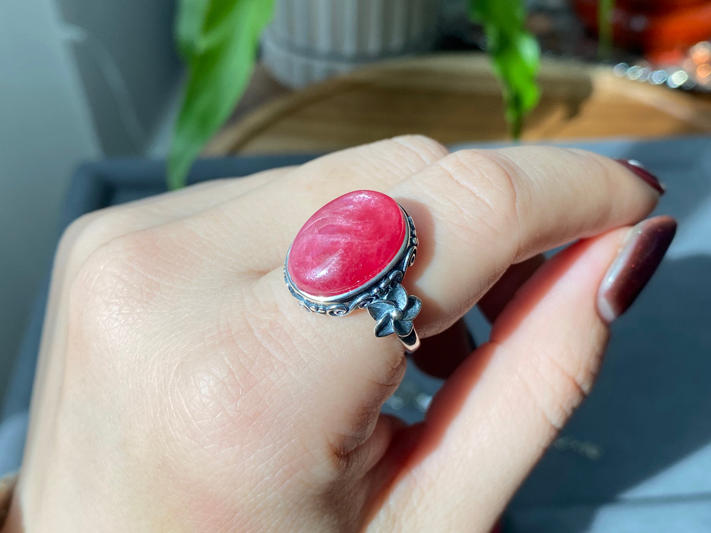 Top Grade Rare Natural Red Rhodonite Cat eye Fire Sterling Silver  S925 Statement Ring Birthday Aniversary gift