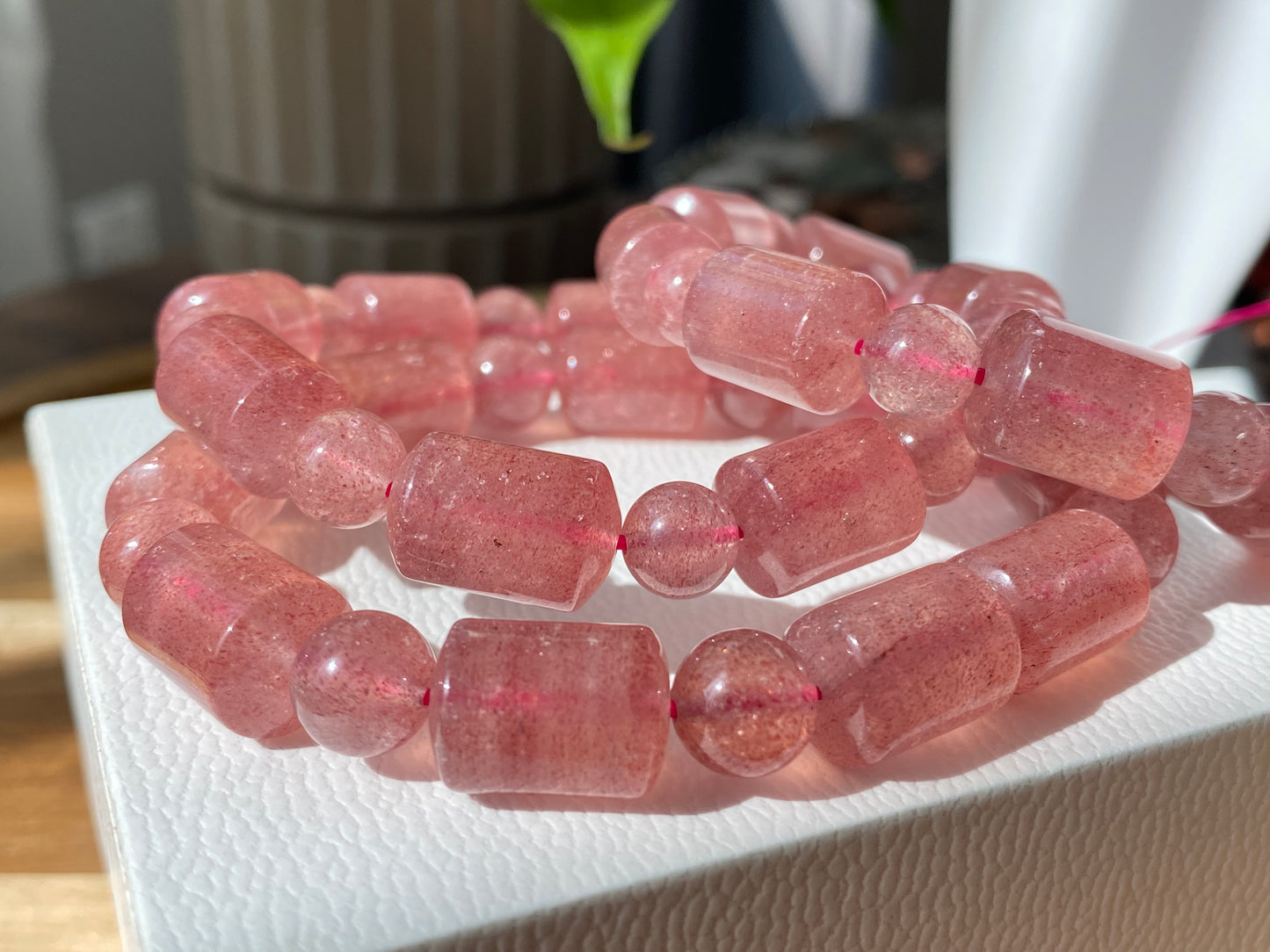 AAAA Grade Rainbow Fire Natural Strawberry quartz  Barrel Round Bead bracelet Joy,healing crystal