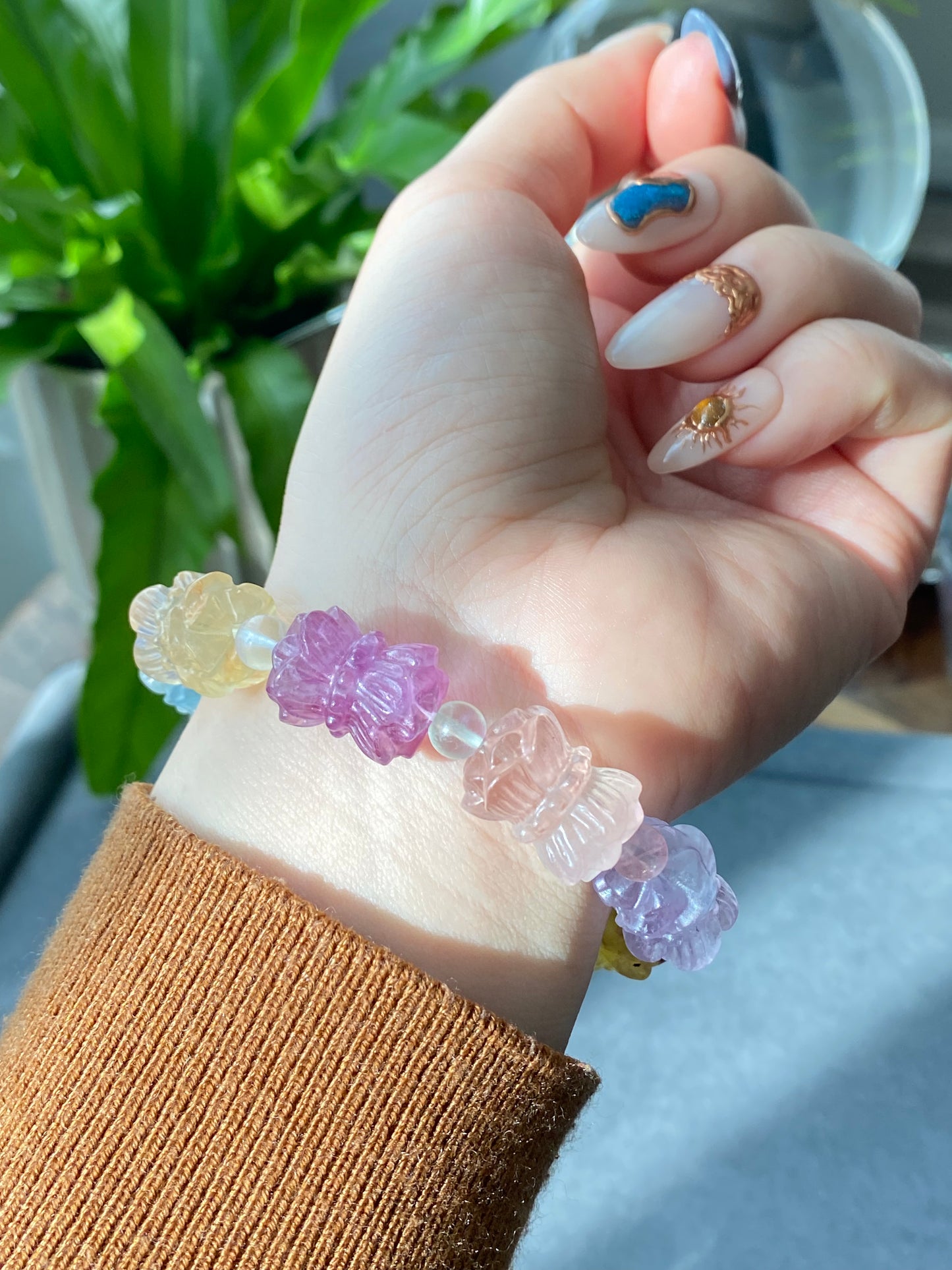 Natural Unicorn FLuorite Hand Craved  twin lotus flowers on one stalk,devoted married couple Beaded Bracelet, gift for her,Valentine's Day Gift