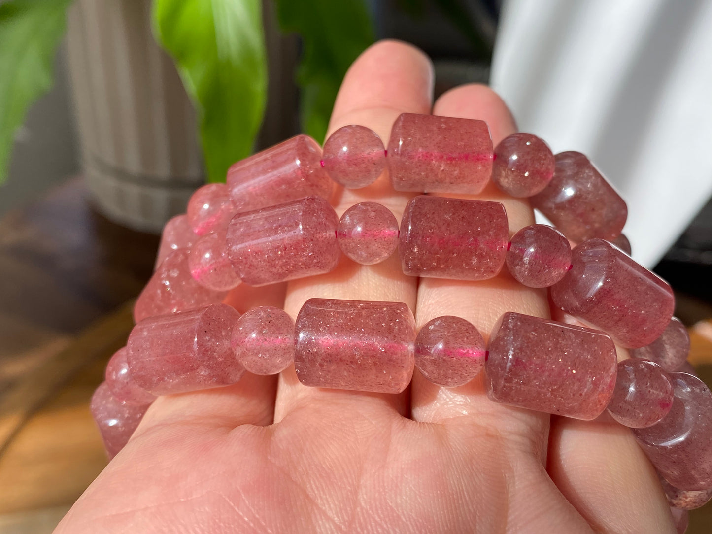 AAAA Grade Rainbow Fire Natural Strawberry quartz  Barrel Round Bead bracelet Joy,healing crystal