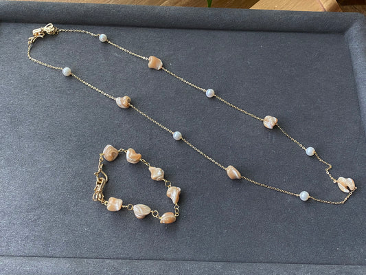 Natural Brown mother of pearls 14K gold Bracelet and Necklace set,it can Link to be long Necklace