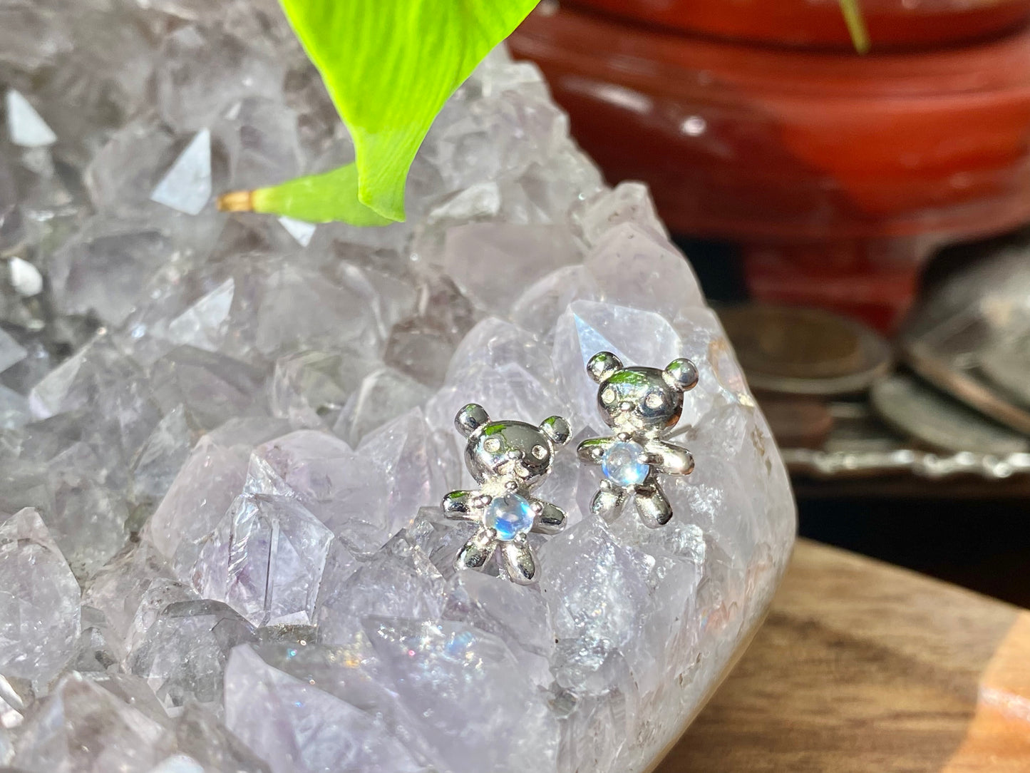 Natural Top Grade India Moonstone Blue Fire Sterling silver Bear earring stud