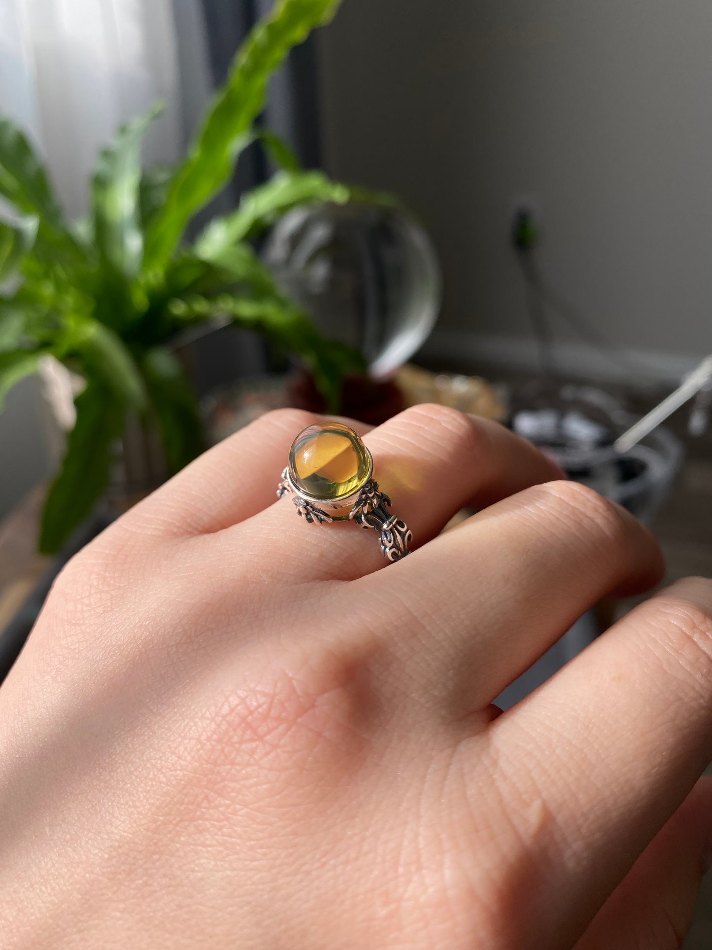 Genuine Natural Dominican Amber High Rare Grade Smooth Round Sterling silver setting, Victorian Chrome Hearts Mid-century Style Ring