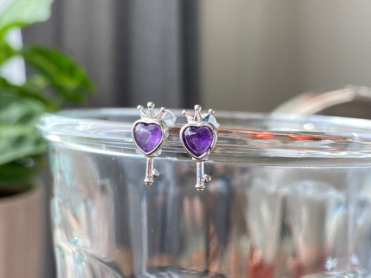 natural diamond cut Amethyst  heart key sterling silver stud earring