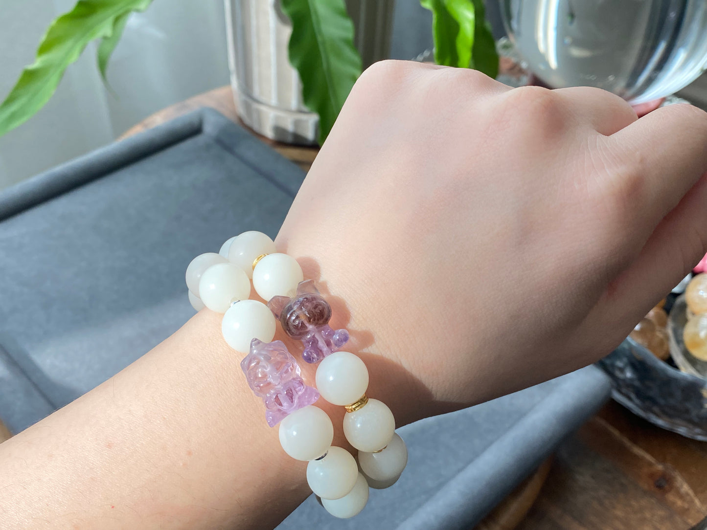 Natural white Bodhi root polished FLuorite Unicorn Melody  bracelet,prayer mala Yoga Meditation Balancing 12mm