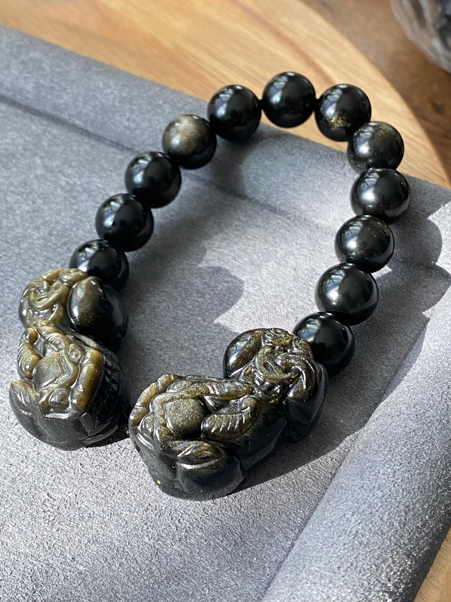 High Rare Grade Natural Golden Obsidian with Hand Craved Pixiu,Brave Troops Charm Bead bracelet, gift for him