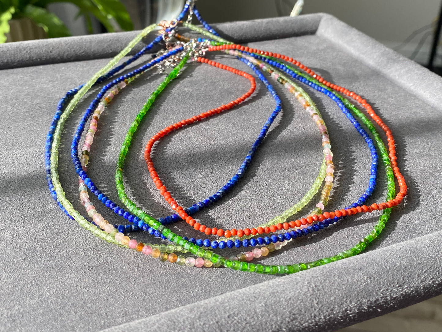 Natural Faceted Gemstone,Green Diopside,Tourmaline,Peridot,lapis lazuli,South Red Agate,Triple Wrap Bracelet,Long necklace