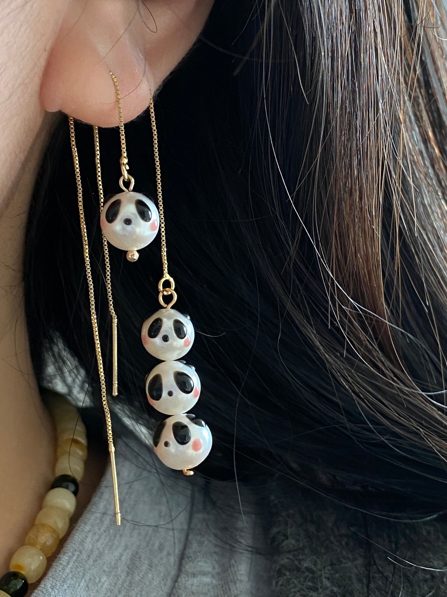 super cute Natural freshwater pearls panda painting drop dangle earrings,gift for her