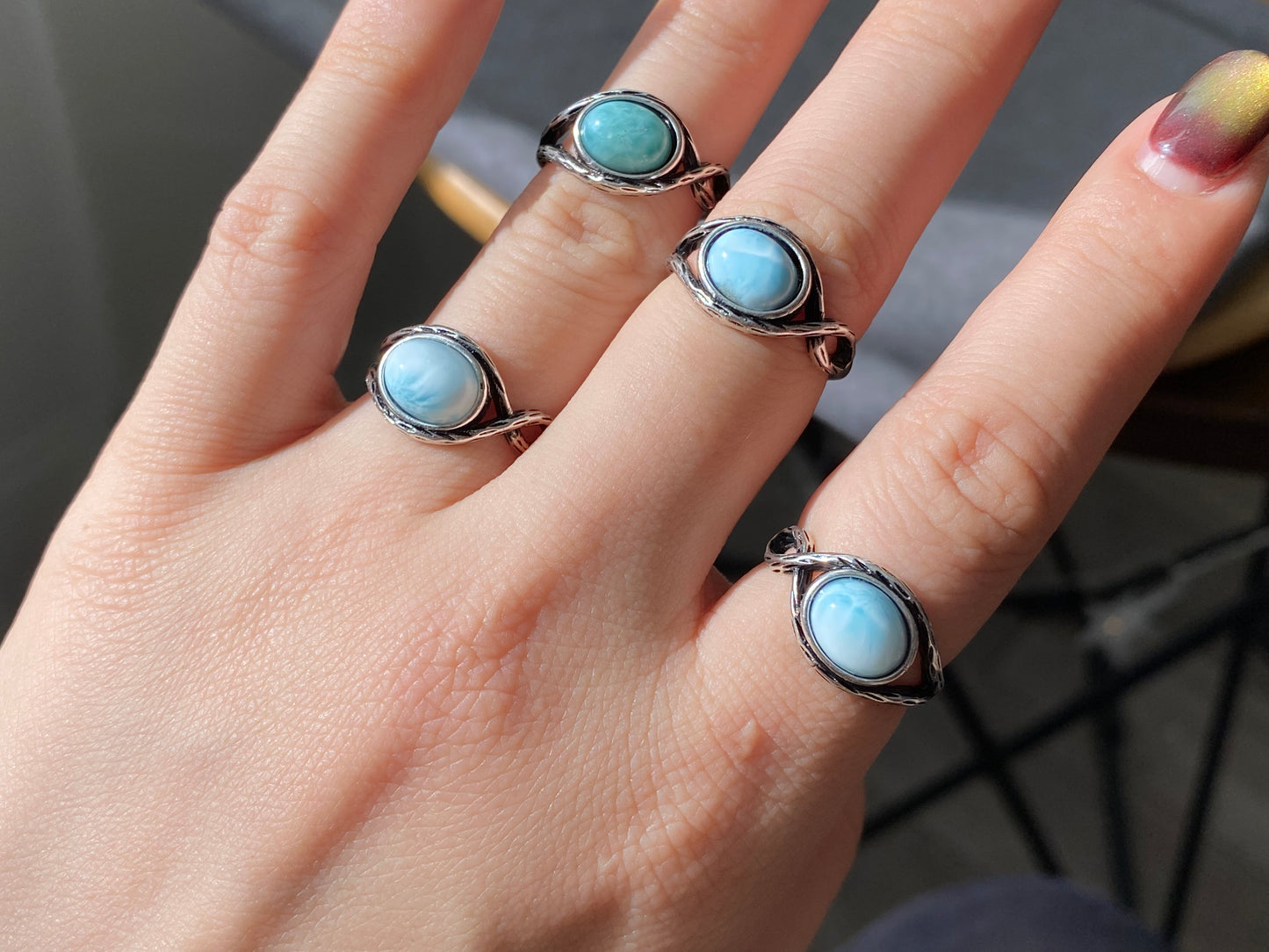 Genuine Natural Larimar Raw Larimar statement gemstone oval shape women men ring