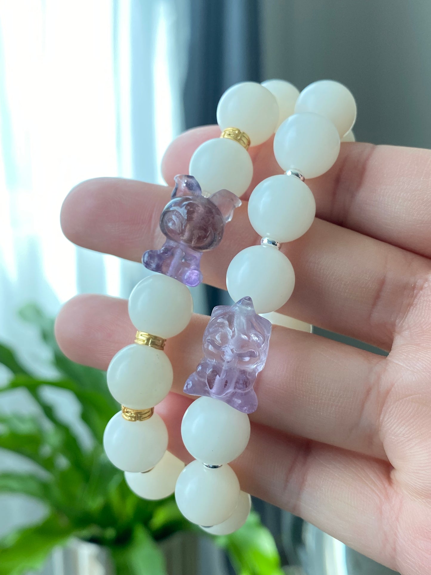 Natural white Bodhi root polished FLuorite Unicorn Melody  bracelet,prayer mala Yoga Meditation Balancing 12mm