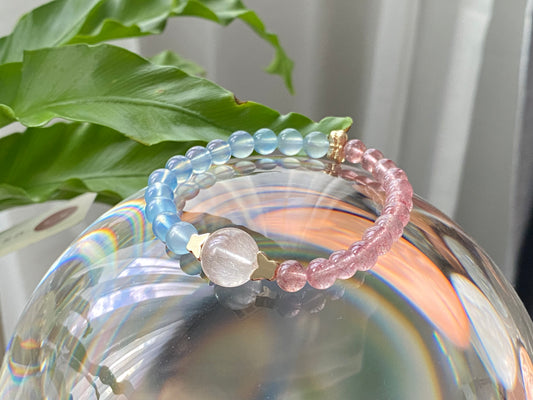 Natural High Grade Strawberry Quartz, Aquamarine,Rabbit hair Rutilated Quartz color block Two tone Butterfly Bracelet 6-7MM