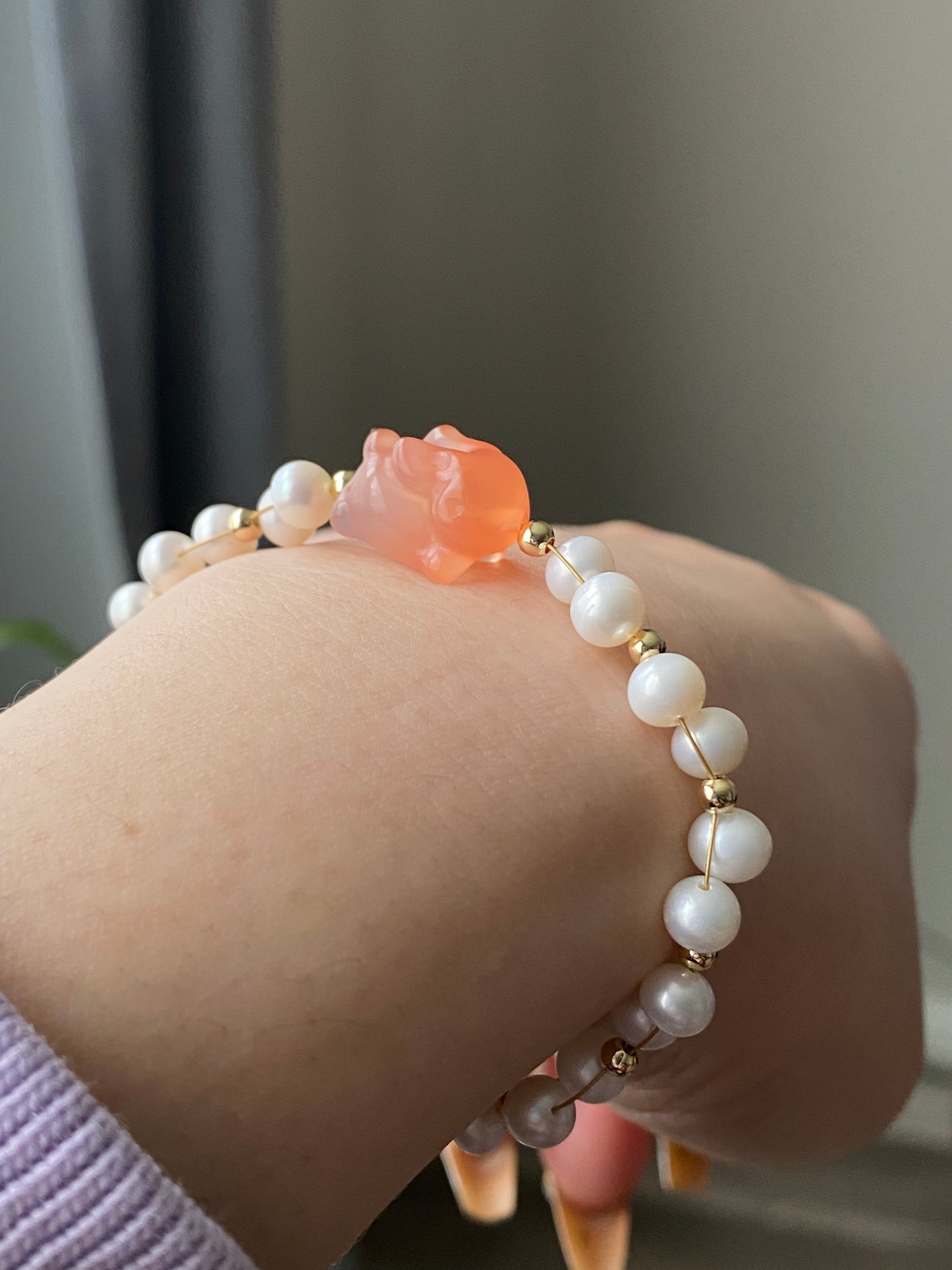 Natural Freshwater pearls with cuty bunny rabbit nanhong agate handmade Bracelet,gift for her