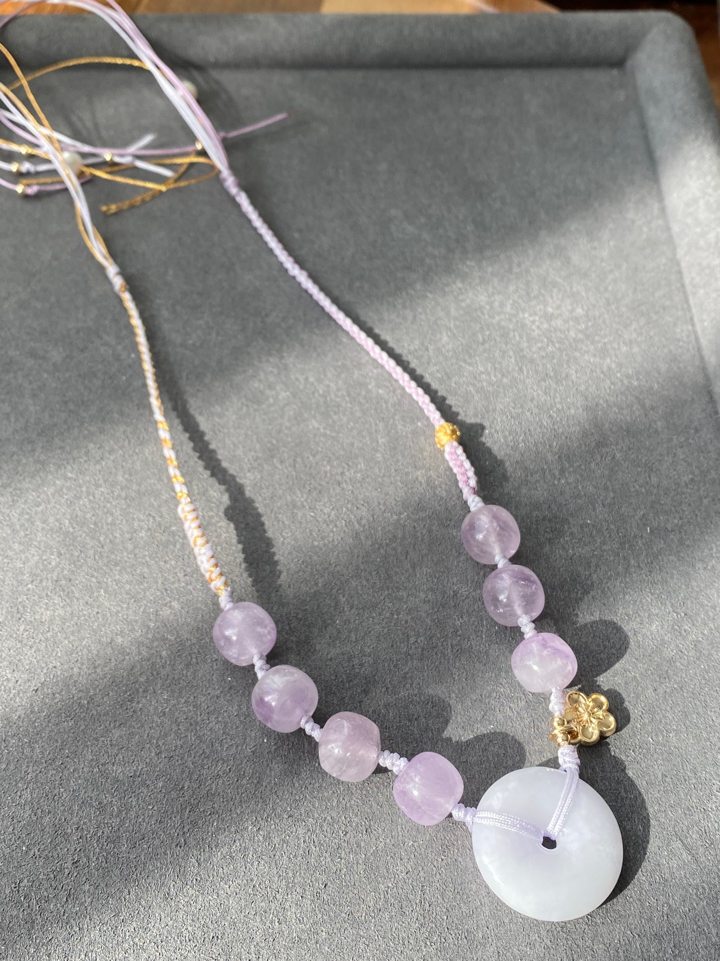 Natural Hetian Jade Donut Ring Shaple,Purple Tone with Purplevine Amethyst short barrel,Peach Flower Dangle Drop  Adjustable Necklace