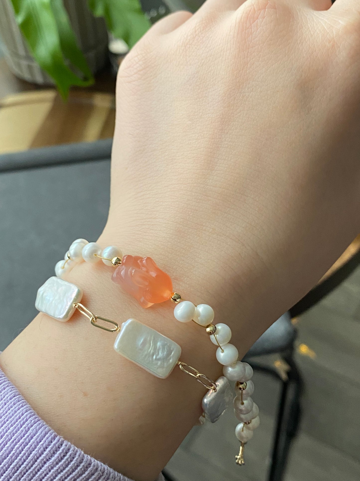 Natural Freshwater pearls with cuty bunny rabbit nanhong agate handmade Bracelet,gift for her