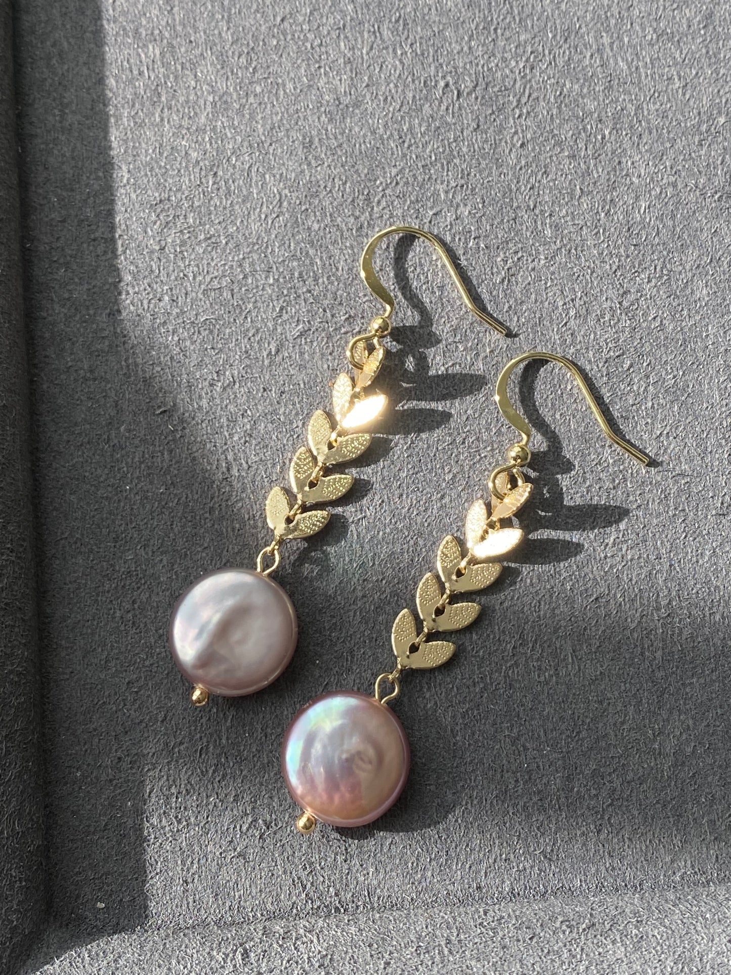 Natural Freshwater super shinning Purple Pink Baroque Pearls cookies round button 14k gold filled Leaf dangle drop,gift for her,Handmade Earring