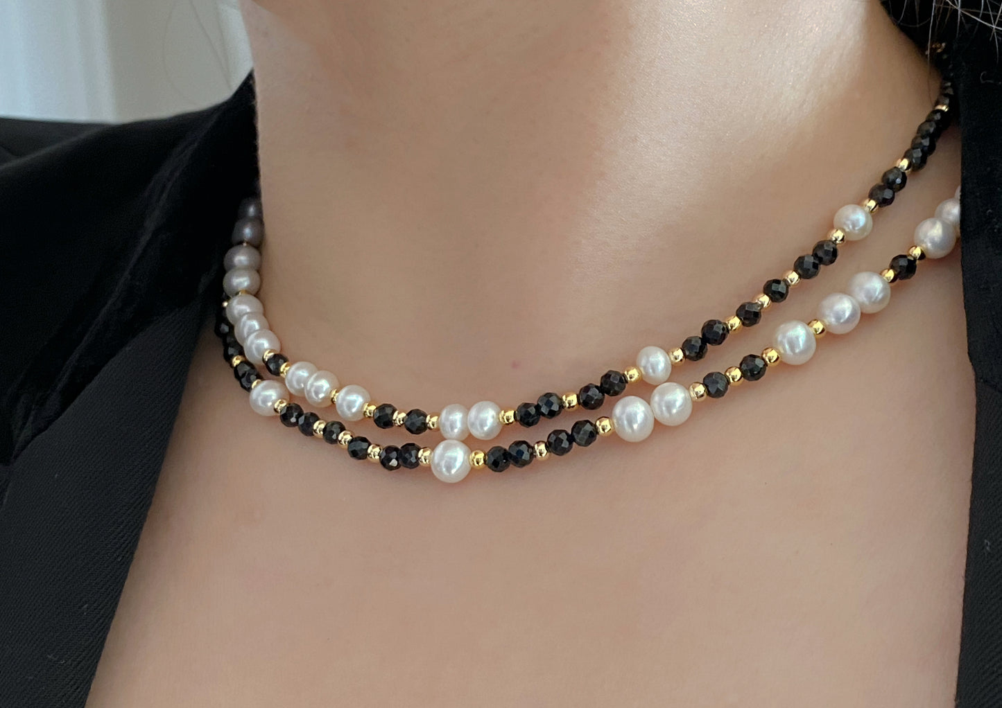 Natural Freshwater pearls with faceted Black Spinel 14K gold filled Handmade Necklace,gift for her, gift for him