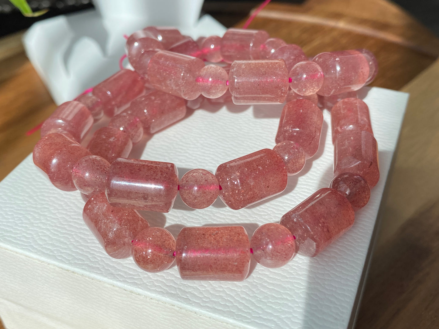 AAAA Grade Rainbow Fire Natural Strawberry quartz  Barrel Round Bead bracelet Joy,healing crystal