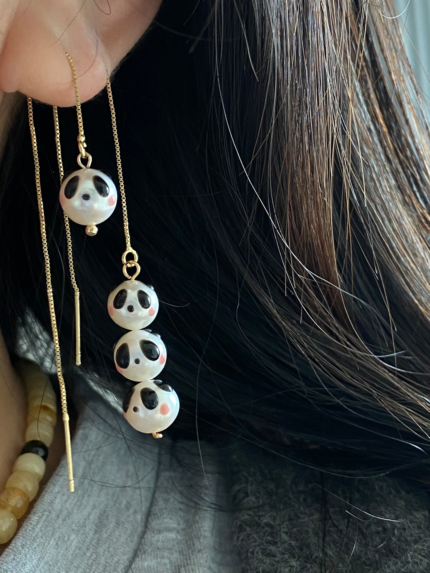 super cute Natural freshwater pearls panda painting drop dangle earrings,gift for her