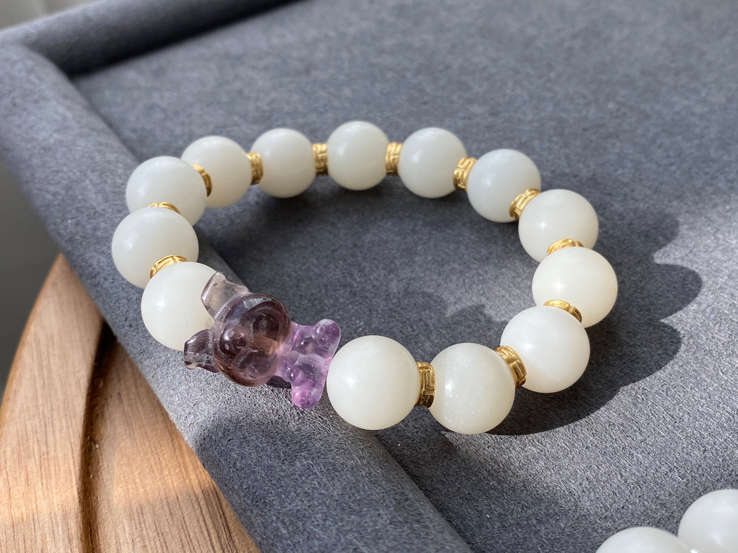 Natural white Bodhi root polished FLuorite Unicorn Melody  bracelet,prayer mala Yoga Meditation Balancing 12mm