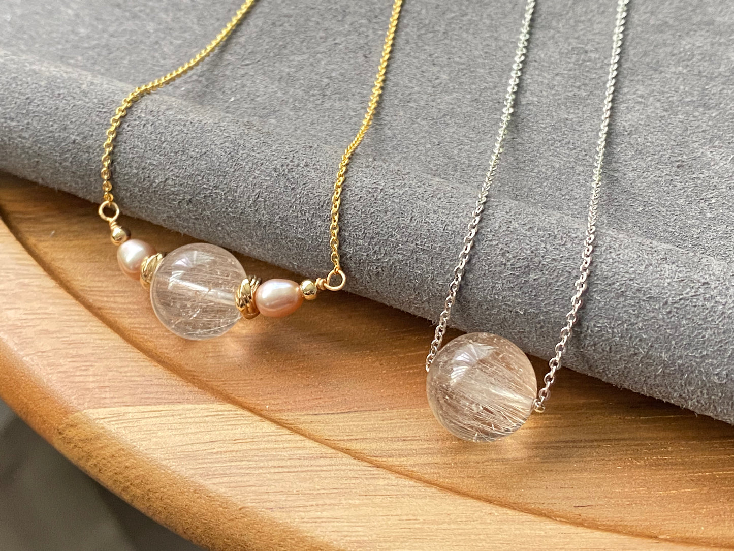 Natural High Clear Grade Rutilated Quartz,Rabbit Hair Rutilated Quartz Crystal,Fresh water pearls Adjustable Choker Necklace