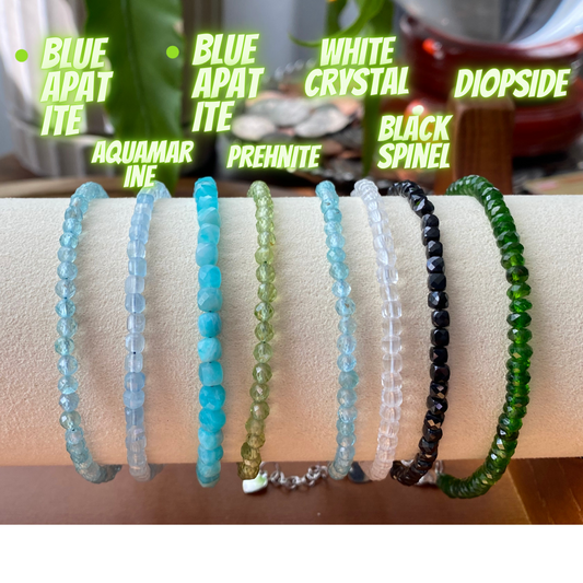 $20 FOR 2 Natural Gemstone Faceted, Blue Apatite,Aquamarine,prehnite,white crystal, Black spinel, Diopside Bracelet, Bridesmaid Gifts