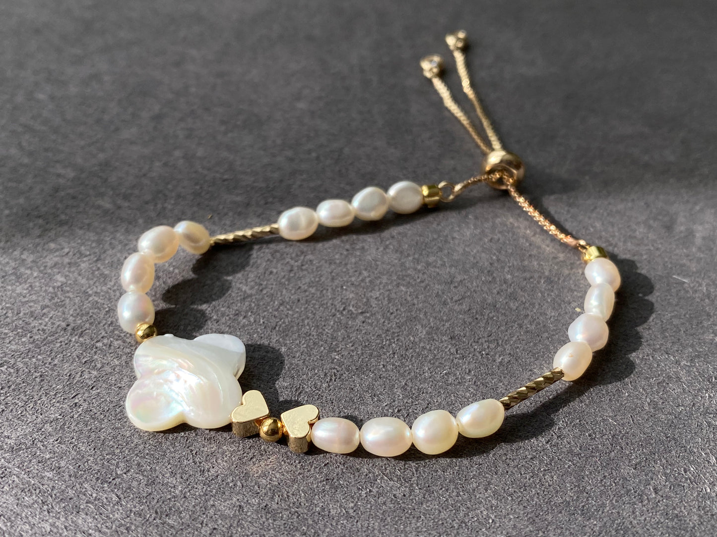 Natural Fresh water baroque Pearls with four leaf clover Mother of pearls 14K gold slide open Bracelet