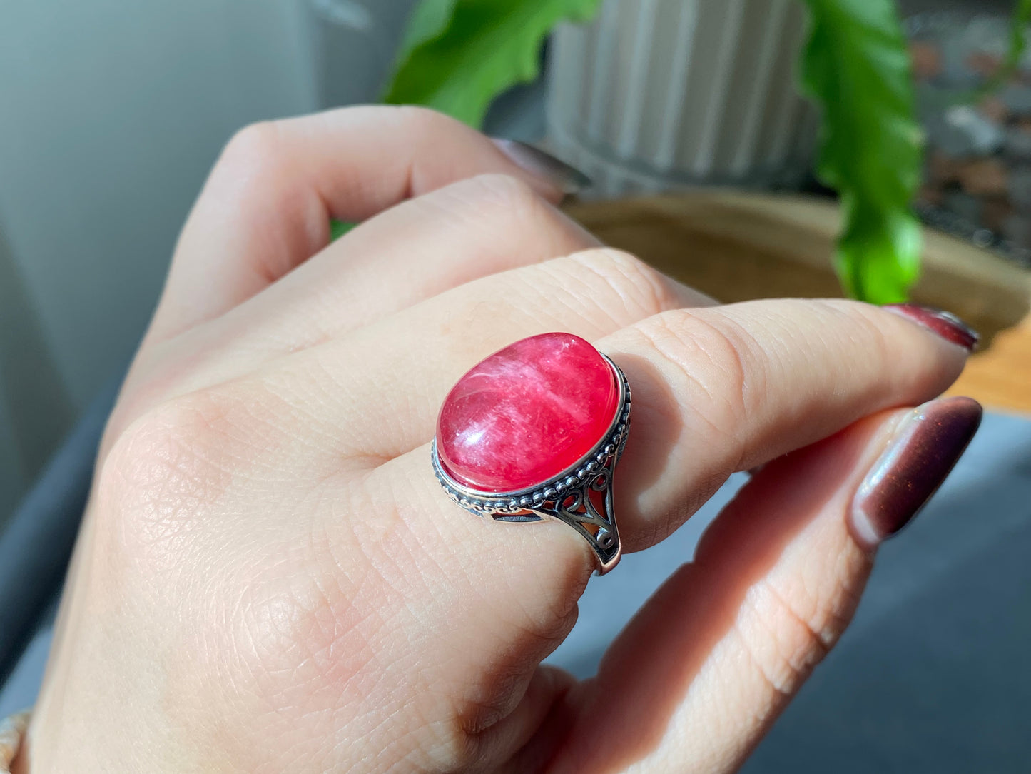 Top Grade Rare Natural Red Rhodonite Cat eye Fire Sterling Silver  S925 Statement Ring Birthday Aniversary gift