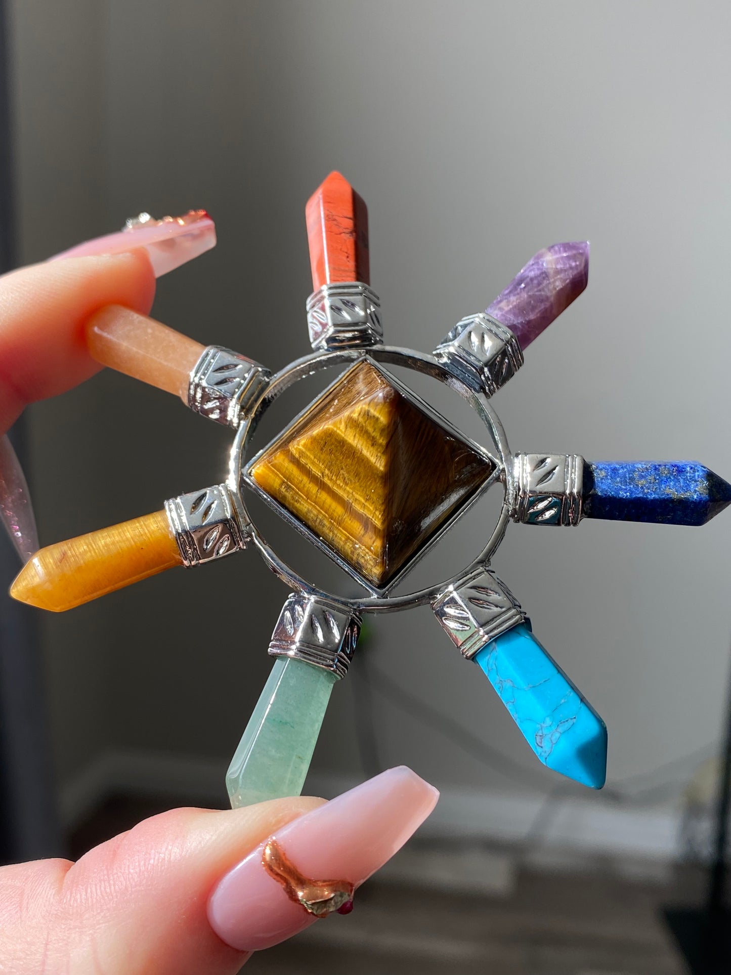 Energy Generator with seven kind Quartz, Tiger eye,Turquoise,Amethyst gemstone Orgonite  Pyramid Reiki Chakra Healing Gift,EMF Protection