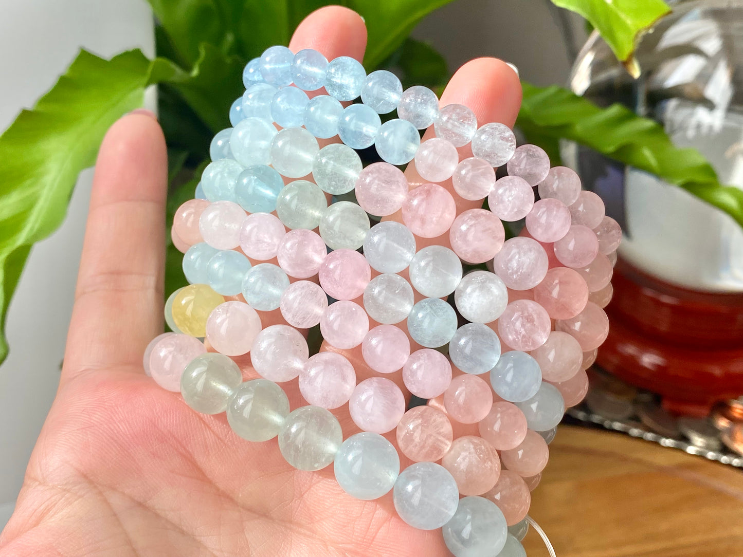 AAAAA Natural rainbow candy Morganite round shape gemstone compasion bracelet 8mm 9mm 10mm