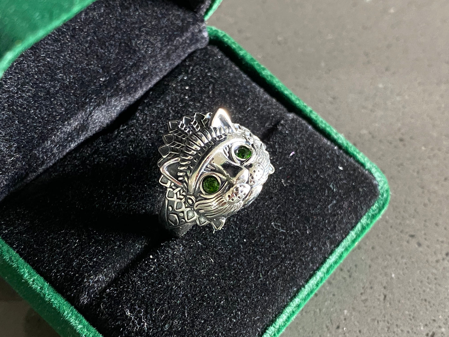 Natural Green Emerald Sterling Silver American Indian Lion Head Adjustable Ring,gift for her, gift for him