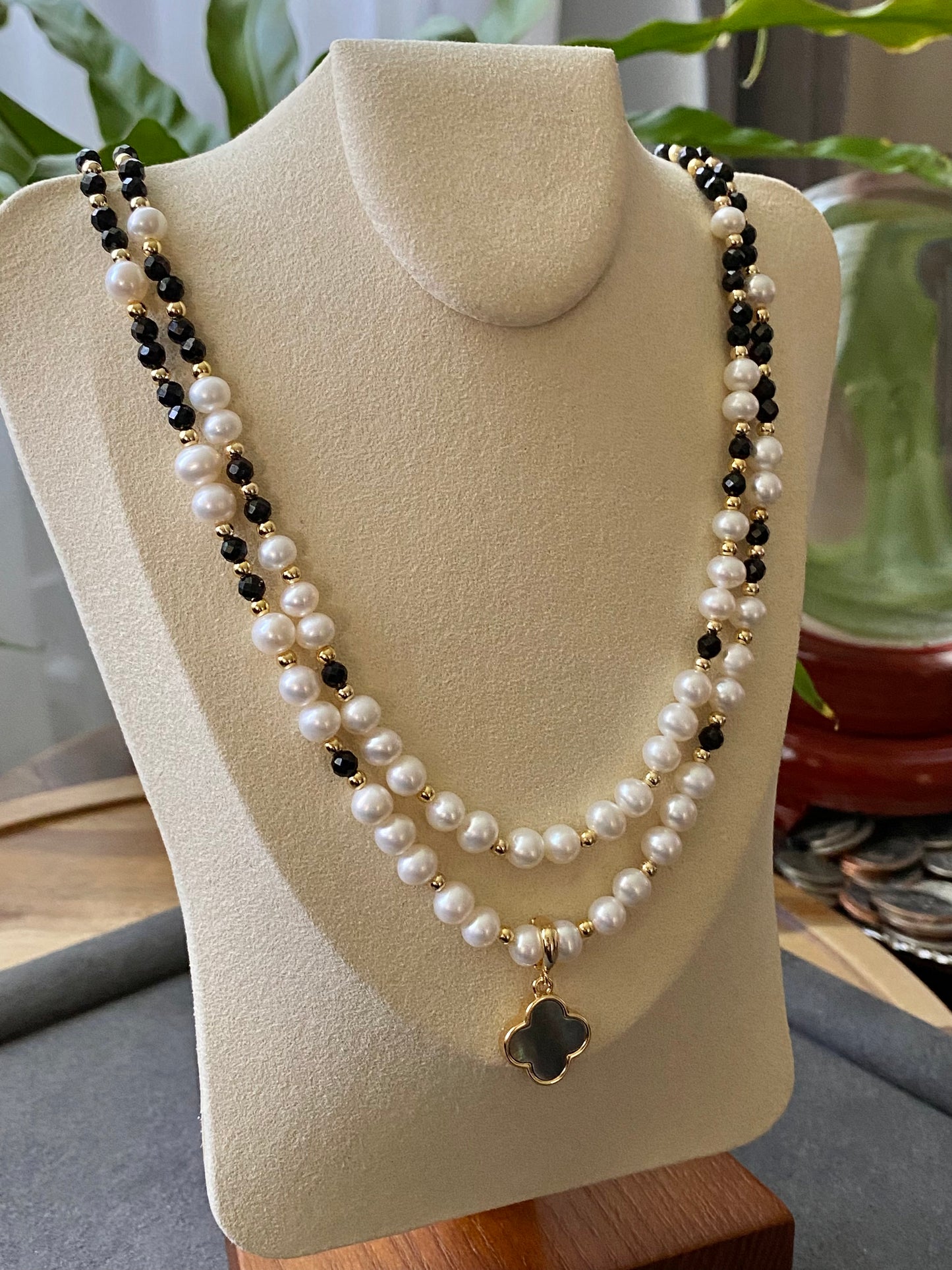 Natural Freshwater pearls with faceted Black Spinel 14K gold filled Handmade Necklace,gift for her, gift for him