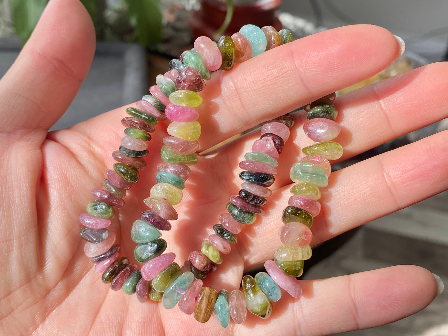 Natural watermelon Multi-color Raw puffy Tourmaline rock Gemstone  Bead Bracelet ,gift for her