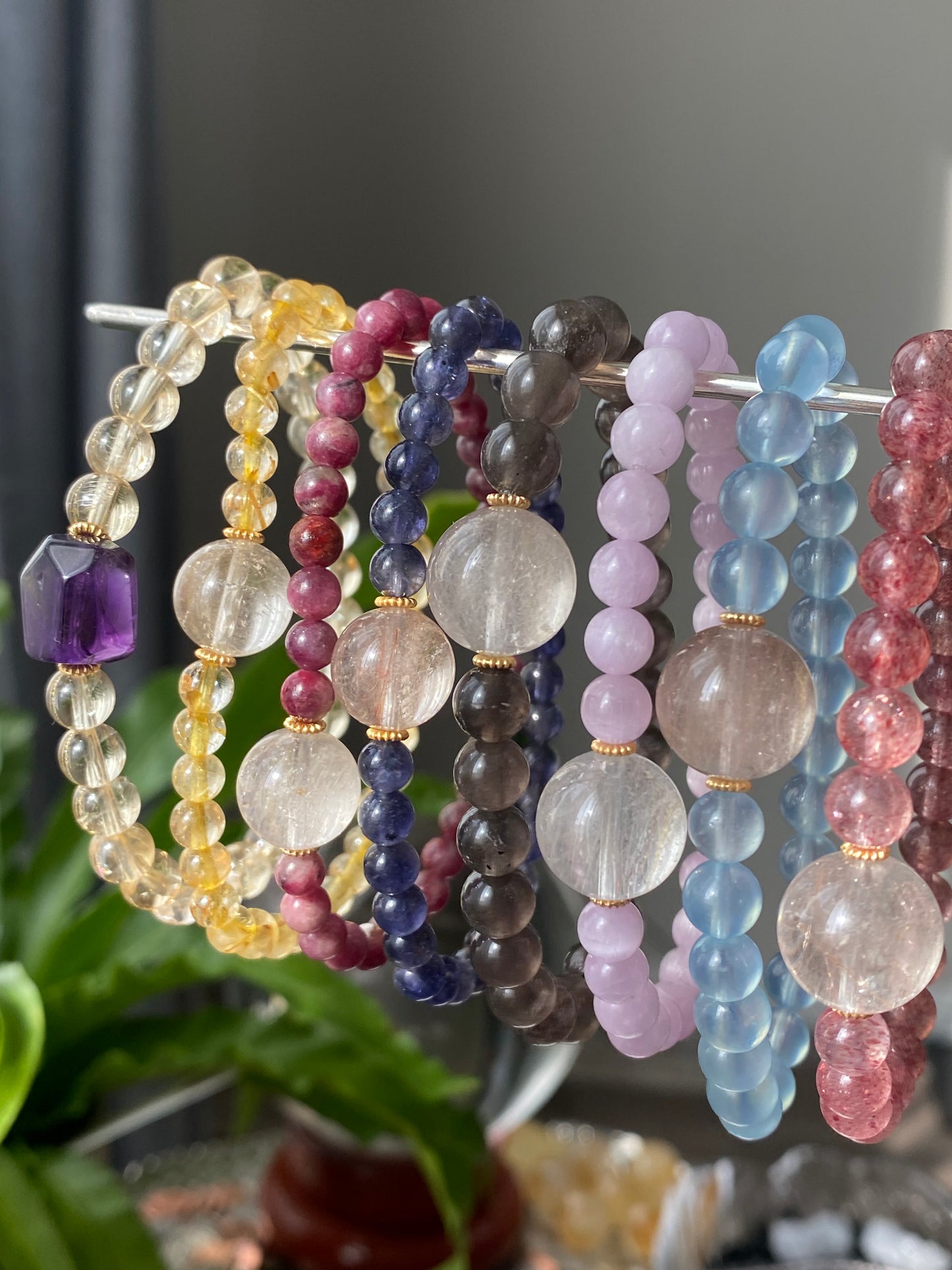 “Love Surround”Natural Tourmaline,Cordierite,Iolite,Aquamarine,Strawberry quartz,Citrine,Rutilated Quartz,Kunzite Couples Bracelet,Valentine's Day Gift