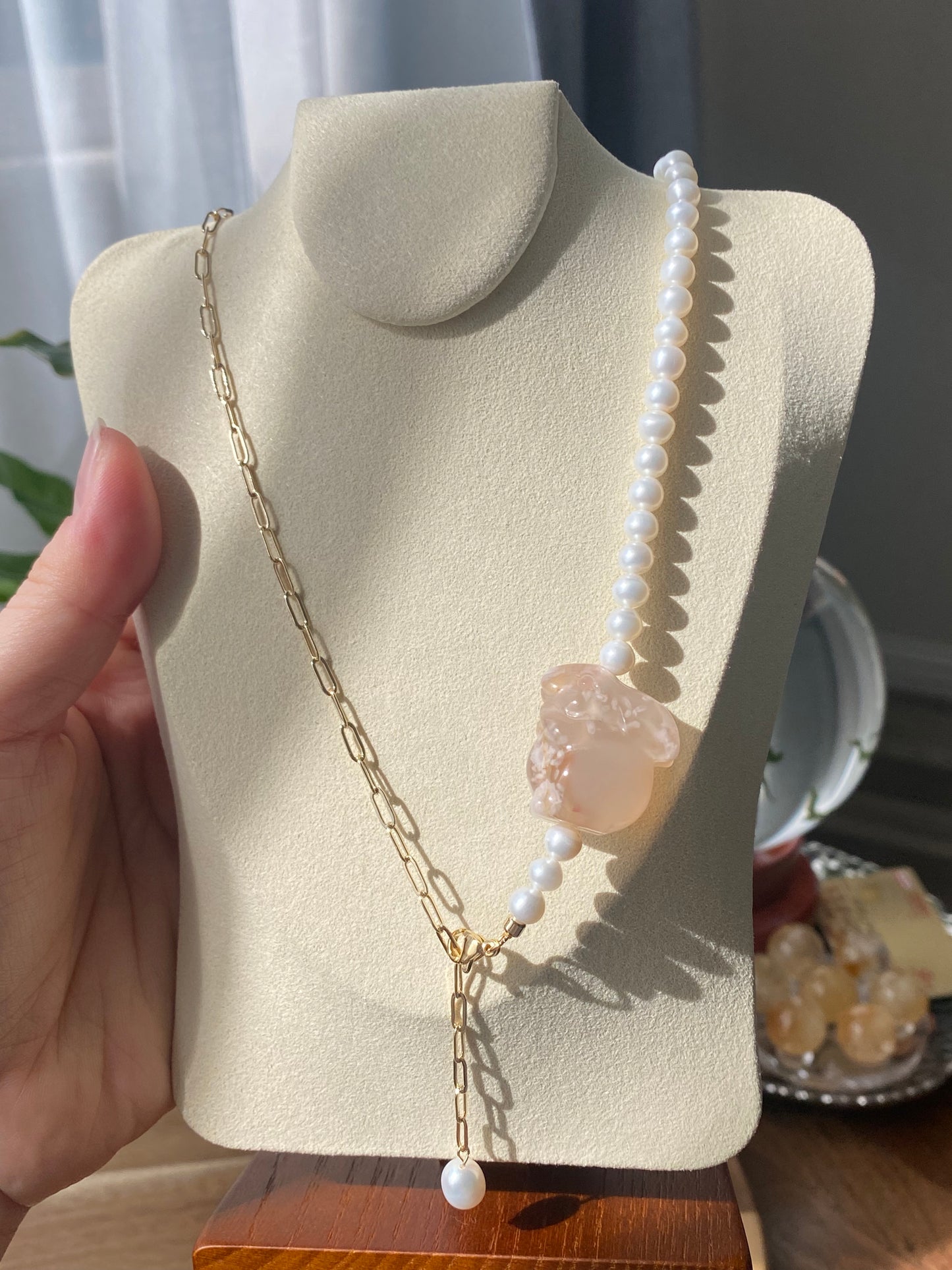 Natural Freshwater pearls rose quartz with sakura agate bunny rabbit 14K gold filled box multiple use necklace