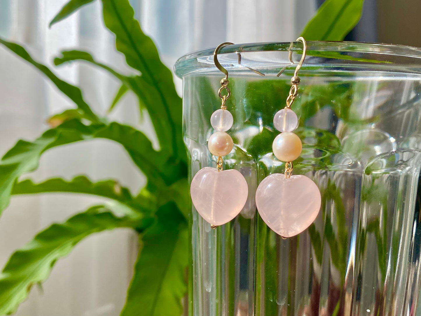 Natural AAA high quality Rose quartz cuty puffy heart shape drop dangle earring,Handmade Earring,Made in California