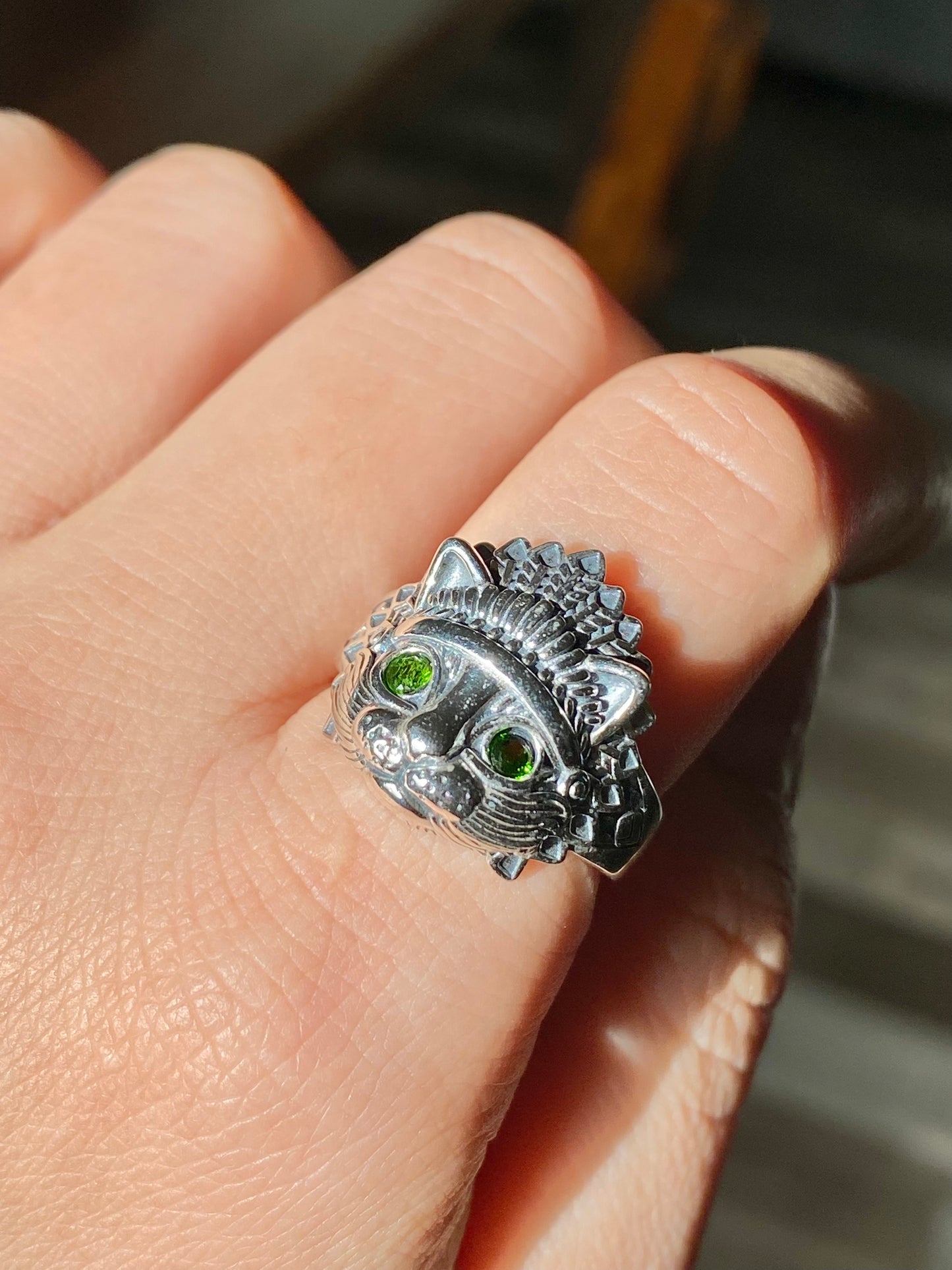 Natural Green Emerald Sterling Silver American Indian Lion Head Adjustable Ring,gift for her, gift for him