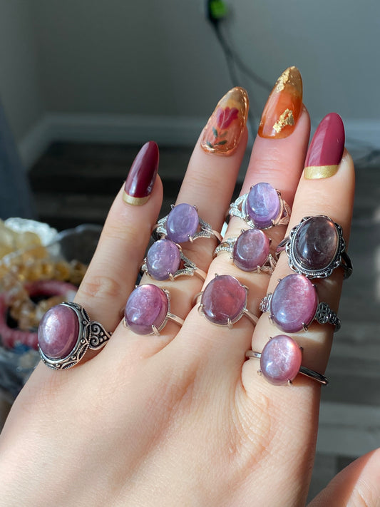 Natural Purple Lepidolite Vintage style Oval shape Adjustable Ring