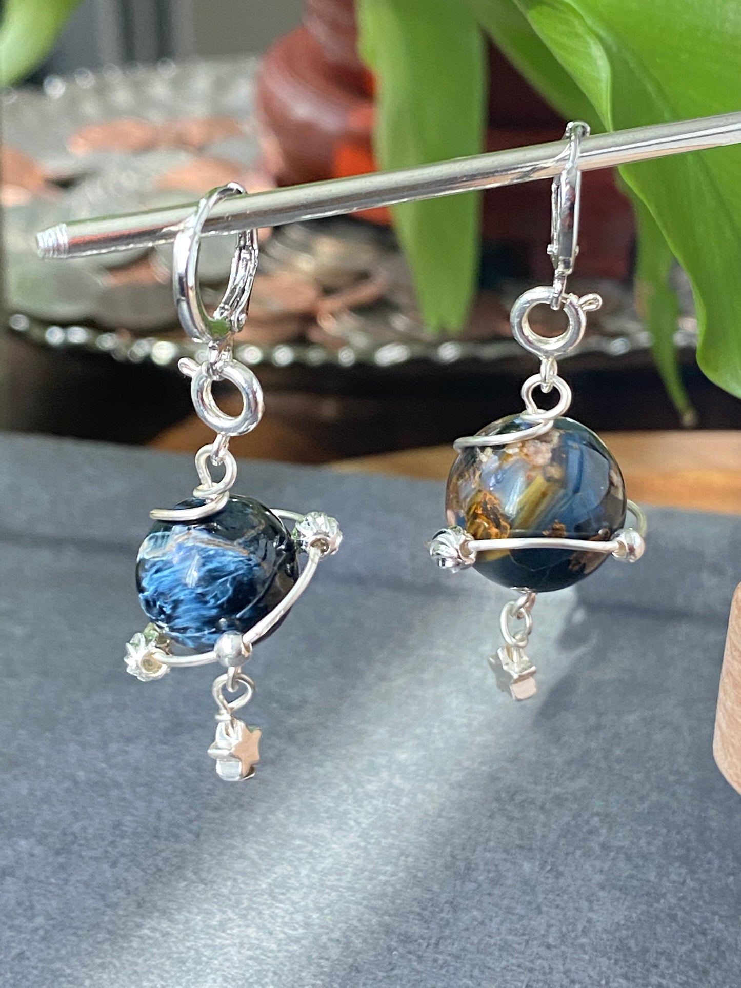 Natural High Grade Blue Pietersite flash lacy shinning Star 14K white gold wire Space planet Removable Earring Pendant