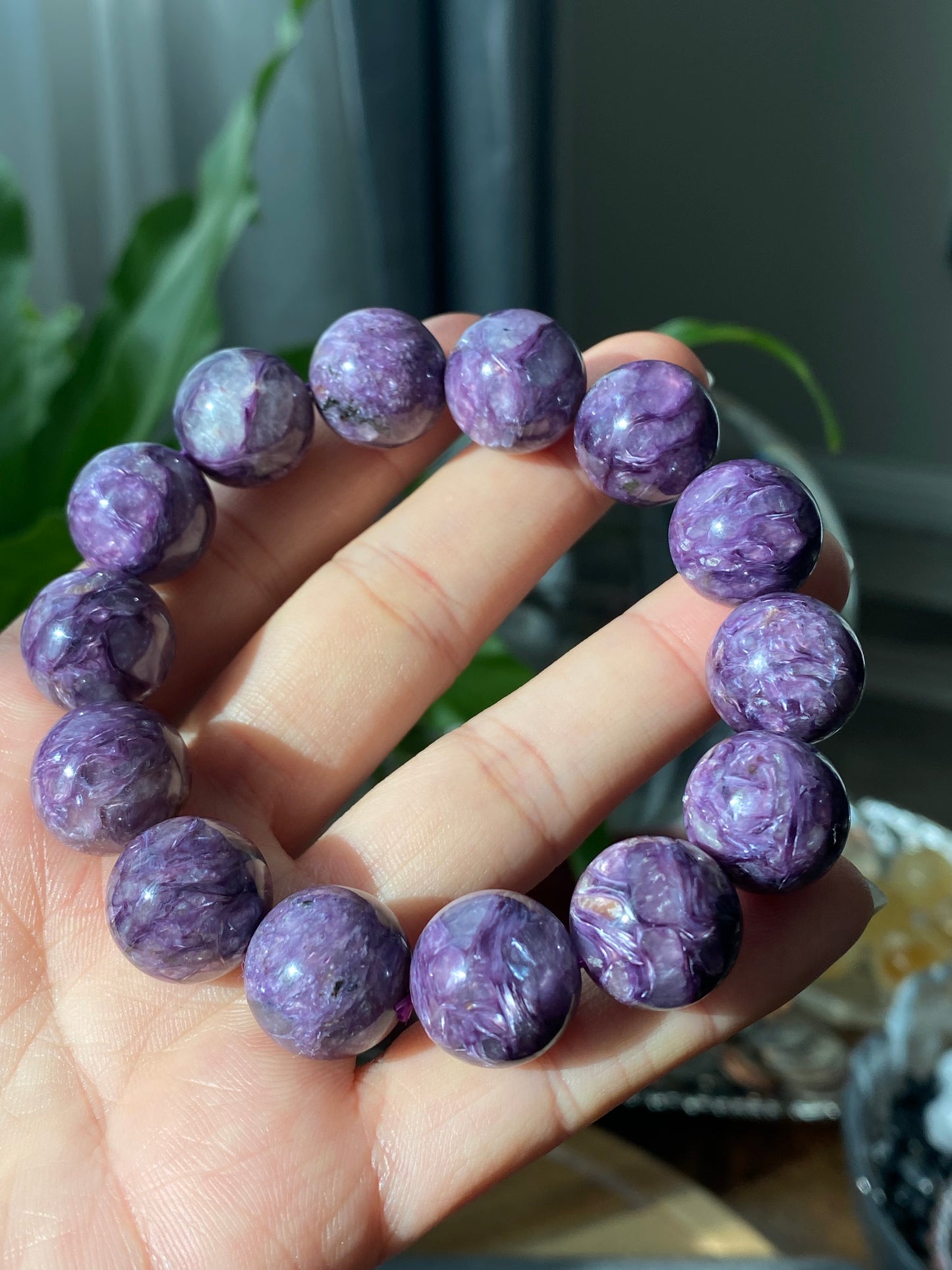 15mm Top Grade Genuine Natural High Grade Silk Shin Purple Charoite,Cat Eyes round Shape Beaded Bracelet