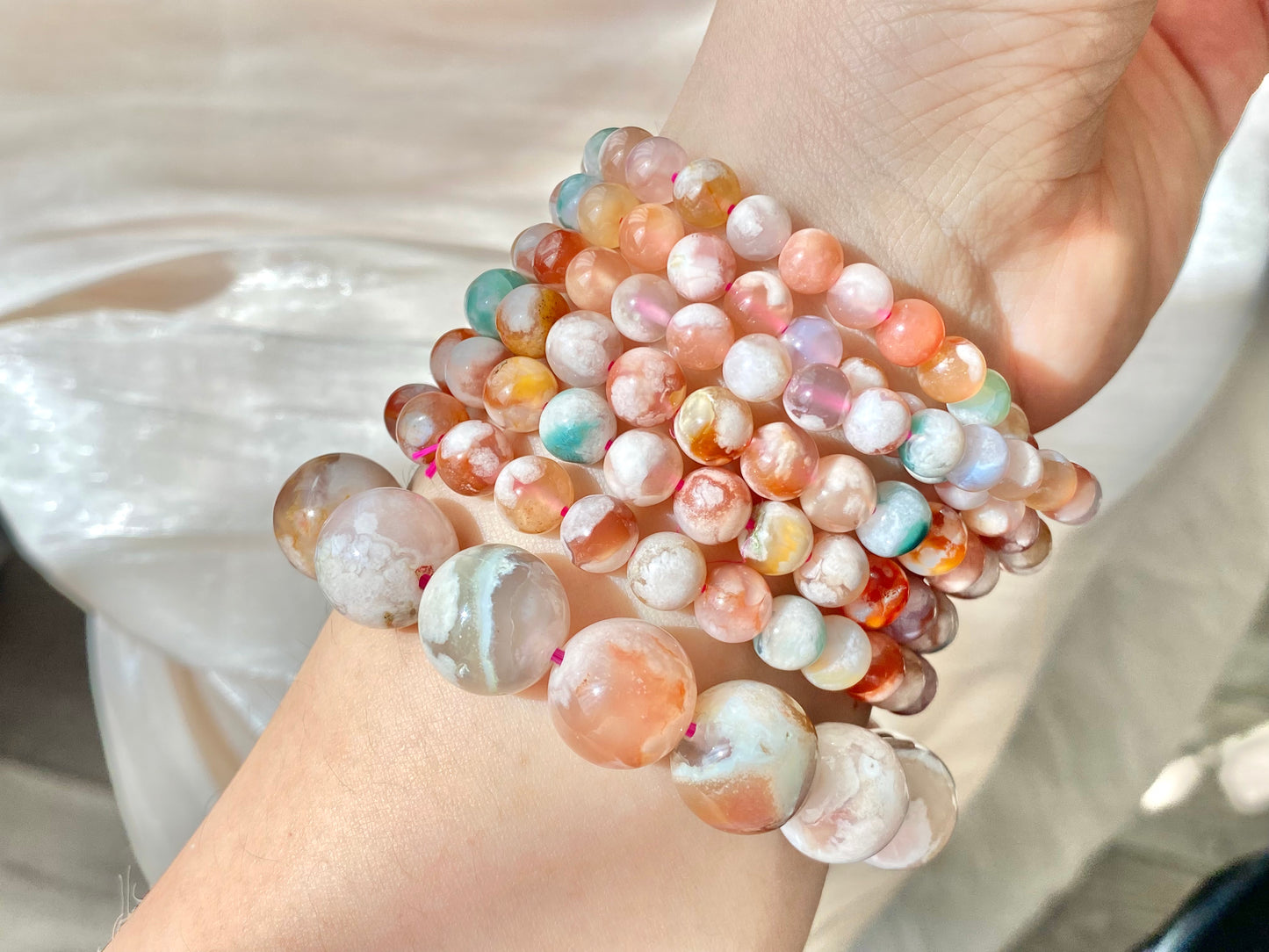 Natural cherry blossom Sakura agate smooth round flower agate grade AAA bead bracelet