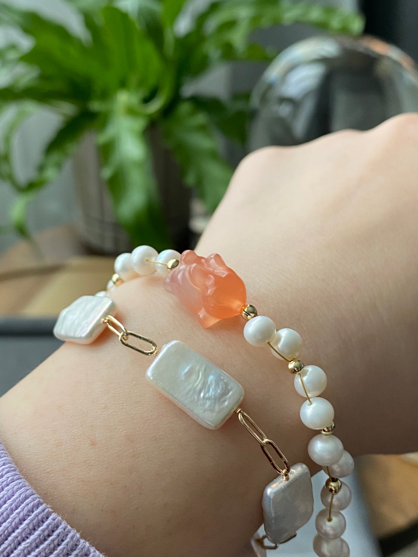 Natural Freshwater pearls with cuty bunny rabbit nanhong agate handmade Bracelet,gift for her