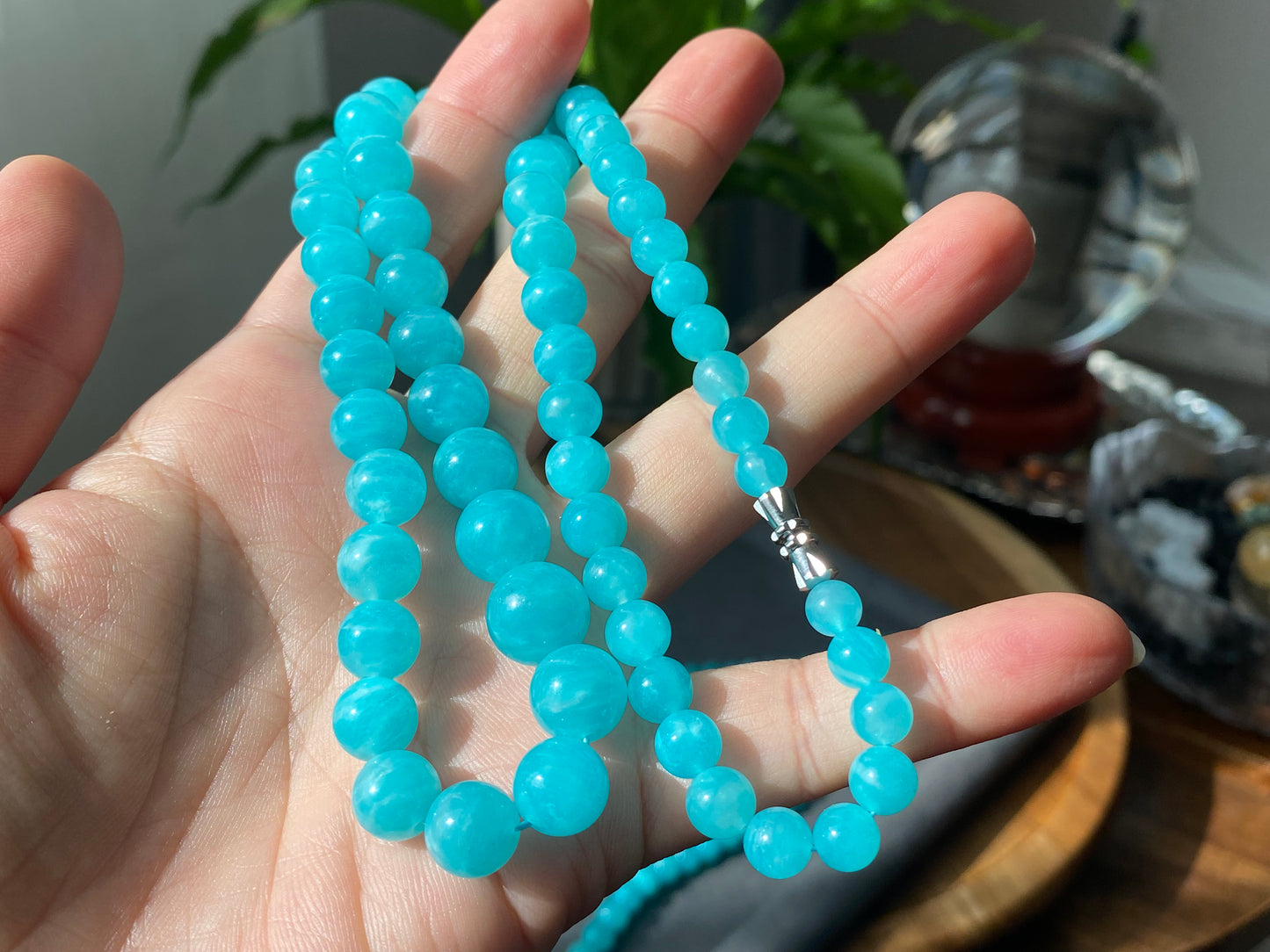 Natural Amazonite stone, Energy Protection Strength Yoga Crystal Round Mixed size Bead Necklace